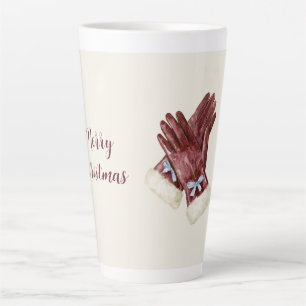 Burgundy Cream Fur Gloves Blue Bow Christmas Latte Mug