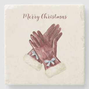 Burgundy Cream Fur Gloves Blue Bow Christmas Stone Coaster