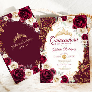 Burgundy Cream Gold Floral Chic Quinceanera Invitation