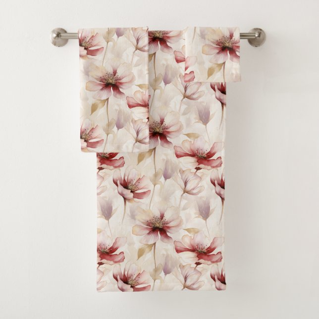 Burgundy Cream Lavender Floral Bridal Shower Bath Towel Set (Insitu)