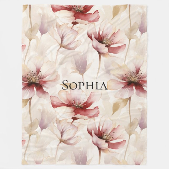 Burgundy Cream Lavender Floral Bridal Shower Fleece Blanket (Front)