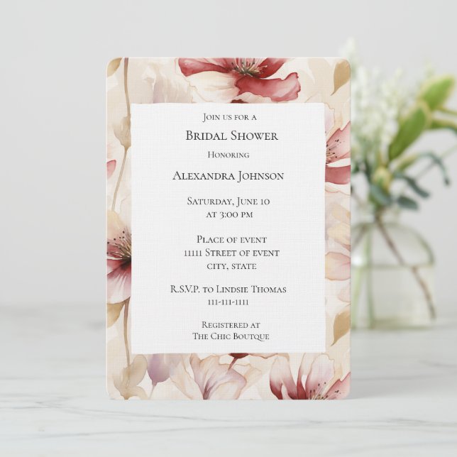 Burgundy Cream Lavender Floral Bridal Shower Invitation (Standing Front)