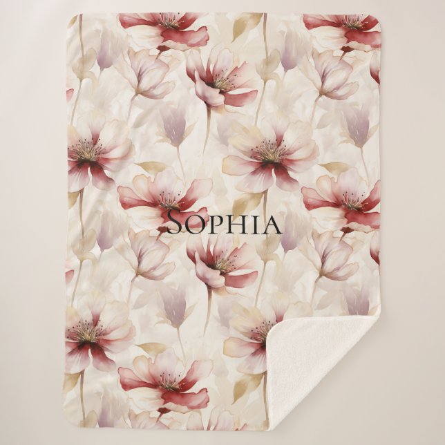 Burgundy Cream Lavender Floral Bridal Shower Sherpa Blanket (Front)