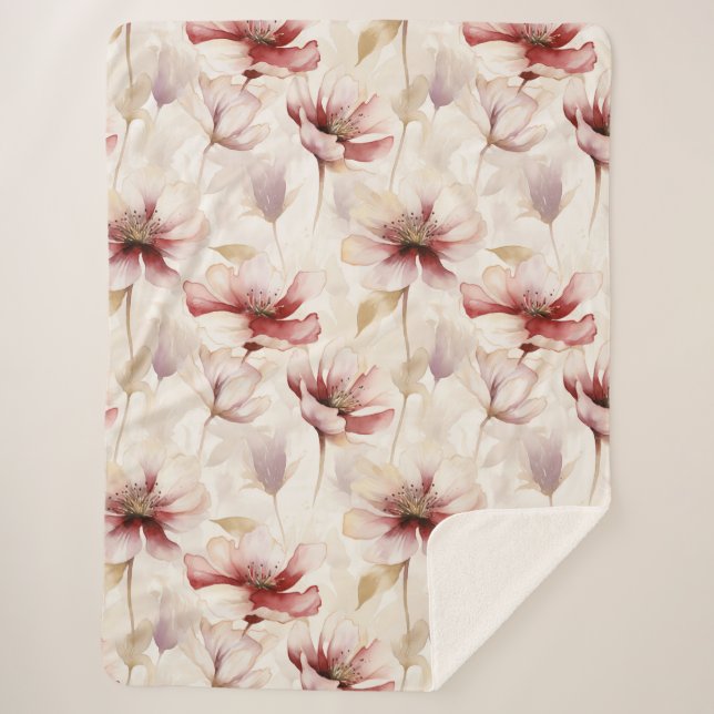 Burgundy Cream Lavender Floral Sherpa Blanket (Front)
