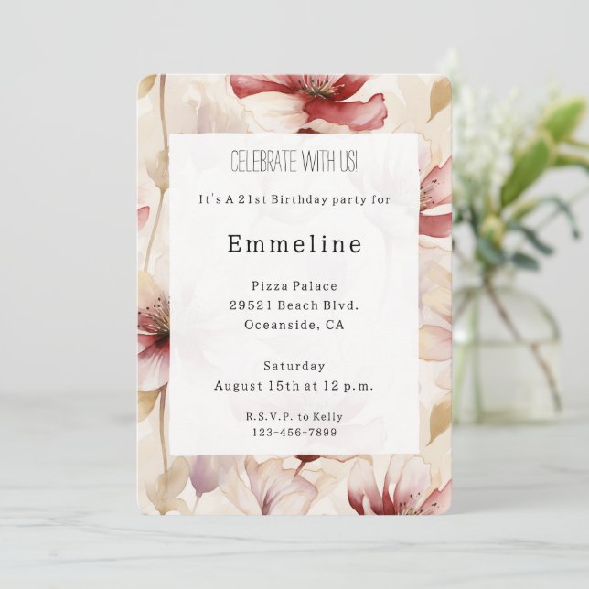 Burgundy Cream Lavender Romantic Floral Birthday Invitation (Standing Front)