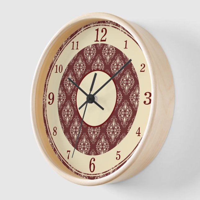 Burgundy & Cream Patterned Elegance Clock (Angle)