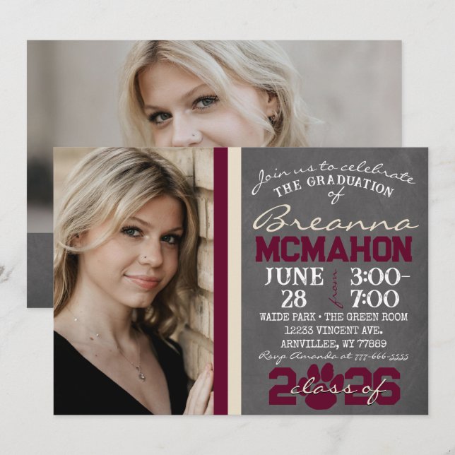 Burgundy & Cream Paw Print Graduation 2 Photo Invitation (Front/Back)