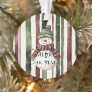 Burgundy Cream Pine Green Stripes Snowman Ornament