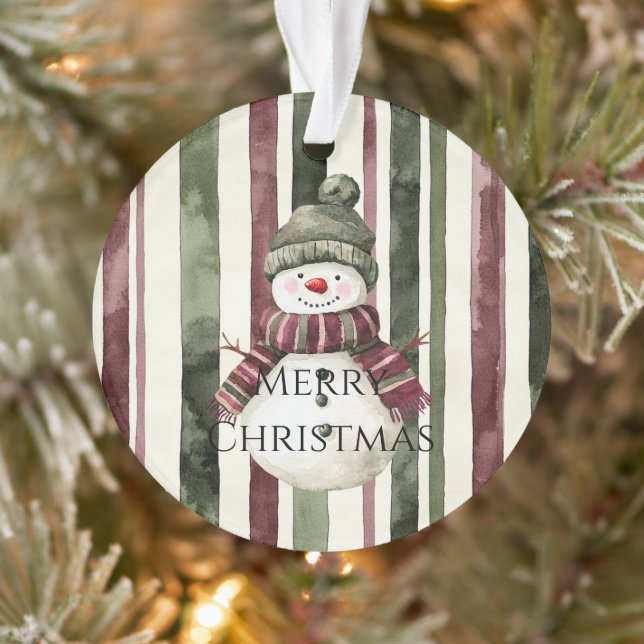 Burgundy Cream Pine Green Stripes Snowman Ornament (Tree)