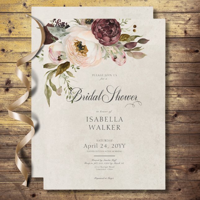 Burgundy Cream Pink Vintage Peonies Bridal Shower Invitation (Burgundy Cream Pink Vintage Peonies Bridal Shower Invitation)