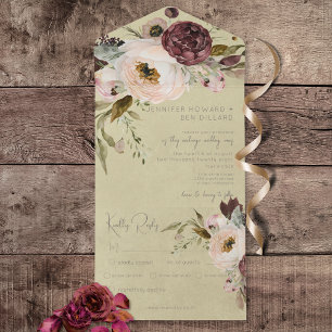 Burgundy Cream & Pink Vintage Peonies Pink Dinner All In One Invitation