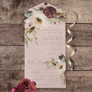 Burgundy Cream & Pink Vintage Peonies Pink Dinner All In One Invitation