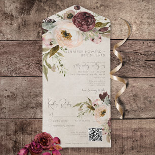 Burgundy Cream & Pink Vintage Peonies QR Code All In One Invitation