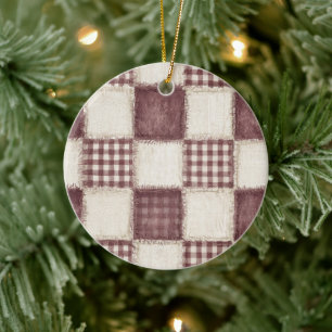 Burgundy Cream Plaid Stripes Flowers Christmas Ceramic Tree Decoration