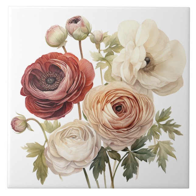 Burgundy Cream Ranunculus Flowers Tile (Front)