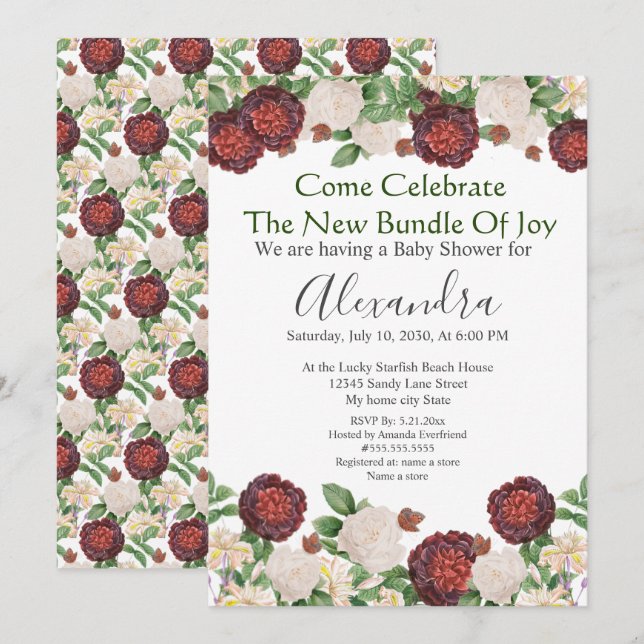 Burgundy Cream Roses Floral Baby Shower invitation (Front/Back)