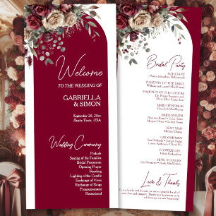 Burgundy & Cream Roses Stylish Arch Wedding Programme