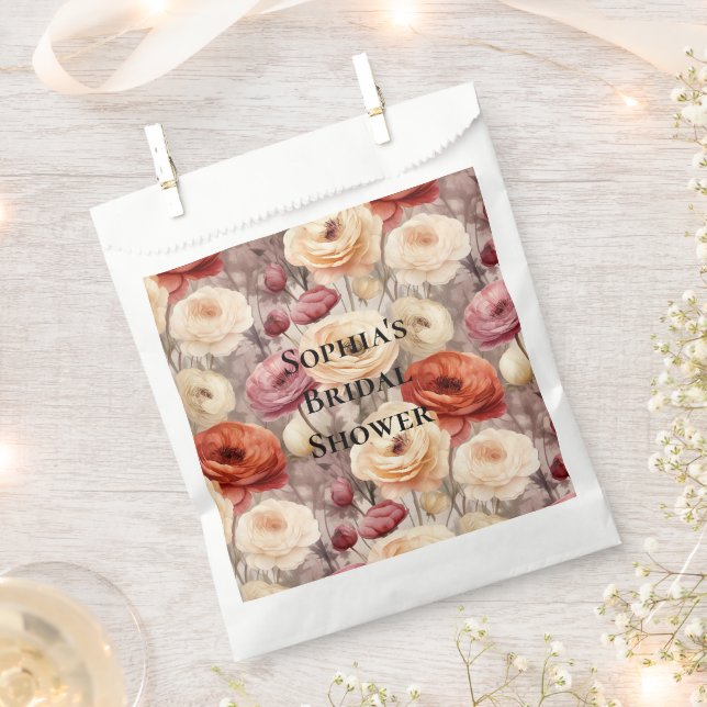 Burgundy Cream Spring Flowers Bridal Shower Favour Bags (Clipped)