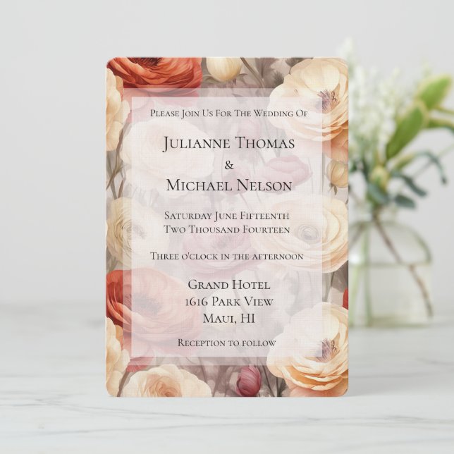 Burgundy Cream Spring Flowers Bridal Shower Invitation (Standing Front)