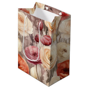 Burgundy Cream Spring Flowers Bridal Shower Medium Gift Bag