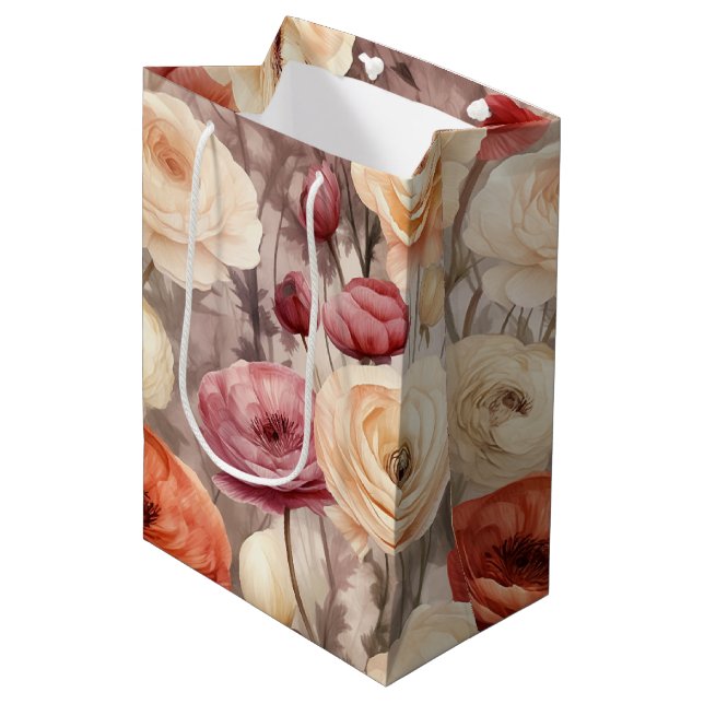 Burgundy Cream Spring Flowers Bridal Shower Medium Gift Bag (Front Angled)
