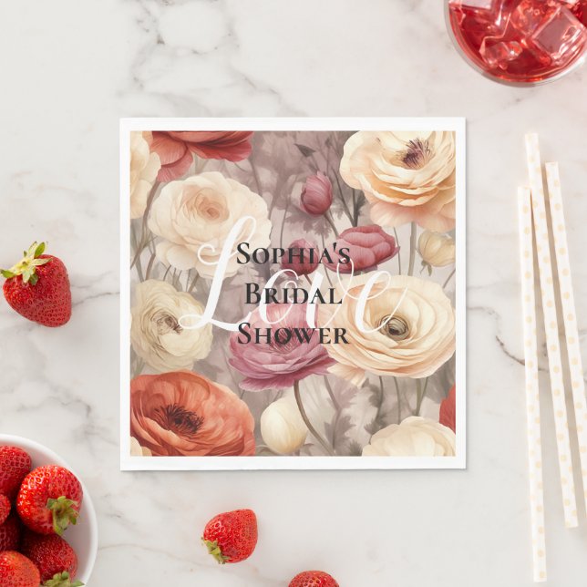 Burgundy Cream Spring Flowers Bridal Shower Napkin (Insitu)