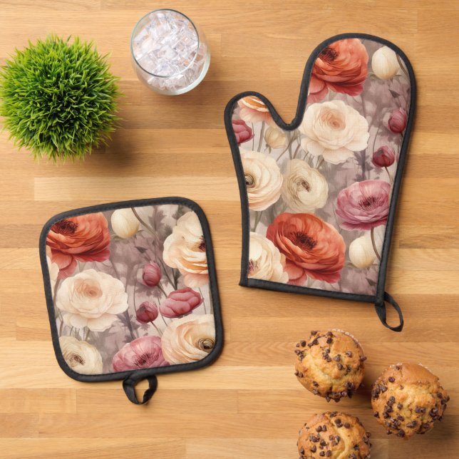 Burgundy Cream Spring Flowers Bridal Shower Oven Mitt & Pot Holder Set (Top Down)