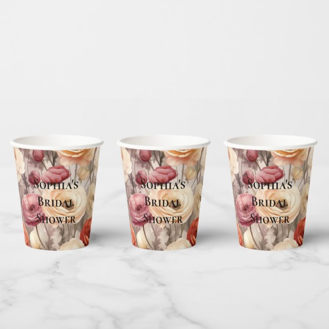 Burgundy Cream Spring Flowers Bridal Shower Paper Cups (Multi)