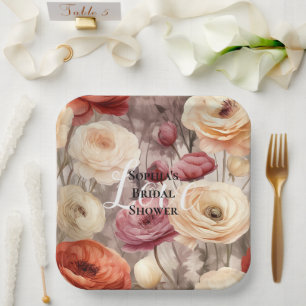 Burgundy Cream Spring Flowers Bridal Shower Paper Plate