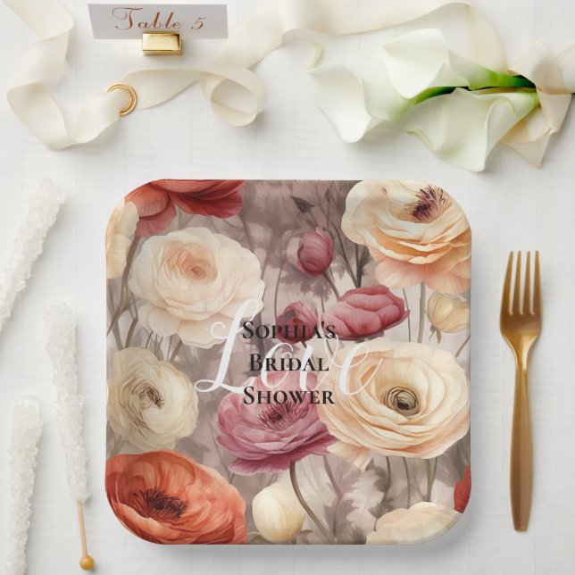 Burgundy Cream Spring Flowers Bridal Shower Paper Plate (Wedding)