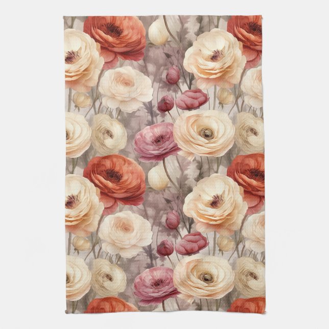 Burgundy Cream Spring Flowers Bridal Shower Tea Towel (Vertical)