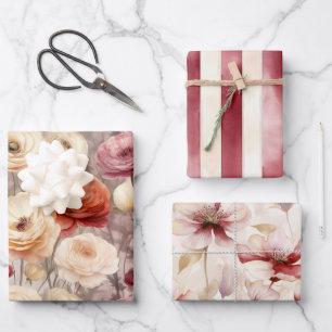 Burgundy Cream Spring Flowers Bridal Shower Wrapping Paper Sheet