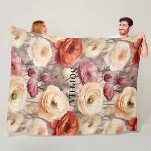 Burgundy Cream Spring Flowers Fleece Blanket