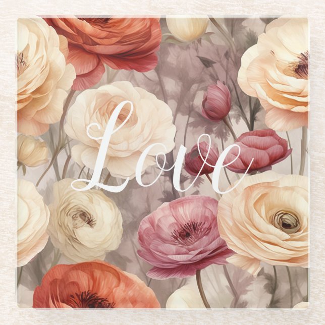 Burgundy Cream Spring Flowers Love Glass Coaster (Front)