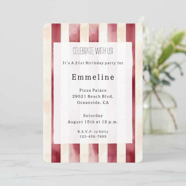 Burgundy Cream Stripes Birthday Invitation (Standing Front)