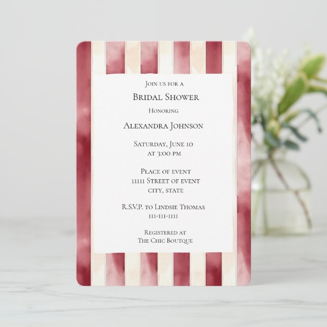 Burgundy Cream Stripes Bridal Shower Invitation (Standing Front)