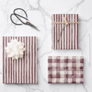 Burgundy Cream Stripes Christmas Wrapping Paper Sheet
