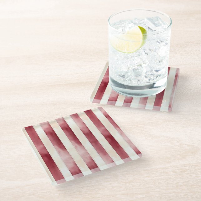 Burgundy Cream Stripes  Glass Coaster (Angled)