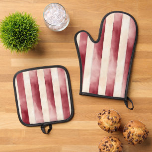 Burgundy Cream Stripes Oven Mitt & Pot Holder Set