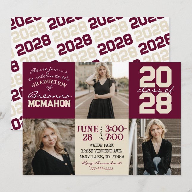 Burgundy & Cream Tan 3 Photo Graduation Invitation (Front/Back)