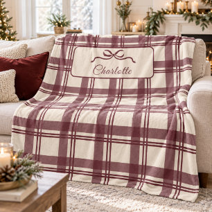 Burgundy Cream Tartan Plaid Bow Christmas Fleece Blanket