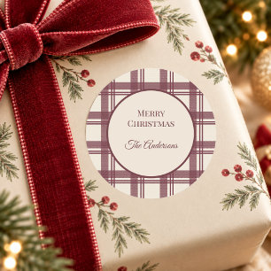 Burgundy Cream Tartan Plaid Christmas Classic Round Sticker