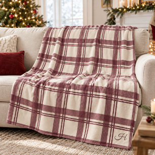Burgundy Cream Tartan Plaid Monogrammed Fleece Blanket