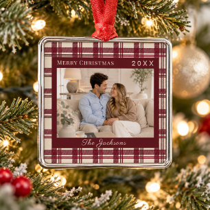 Burgundy Cream Tartan Plaid Photo Christmas Metal Tree Decoration