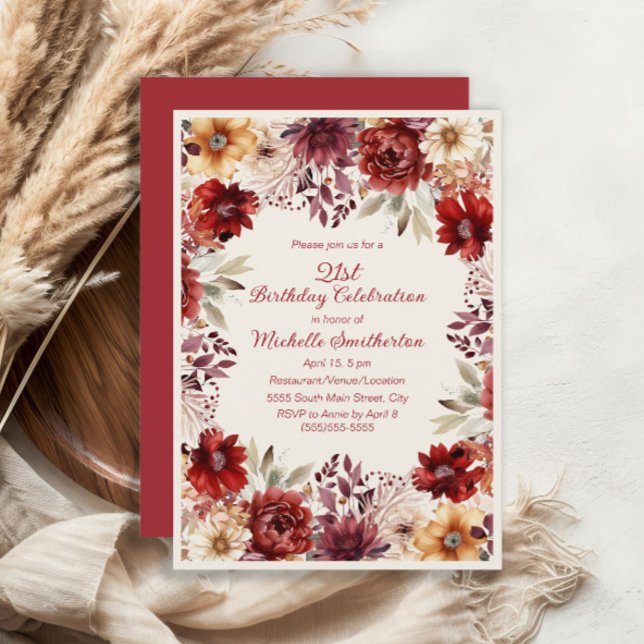 Burgundy Cream Watercolor Floral 21st Birthday Invitation (Burgundy and cream floral 21st birthday party invitation)