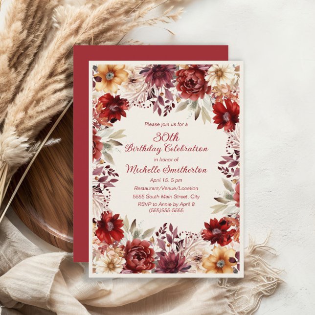 Burgundy Cream Watercolor Floral 30th Birthday Invitation (Elegant burgundy and cream floral 30th birthday party invitation)