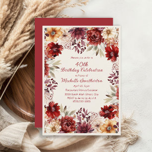 Burgundy Cream Watercolor Floral 40th Birthday Invitation