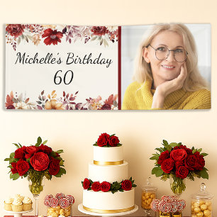 Burgundy Cream Watercolor Floral 60th Birthday Banner