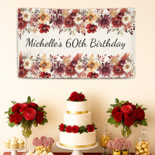 Burgundy Cream Watercolor Floral 60th Birthday Banner