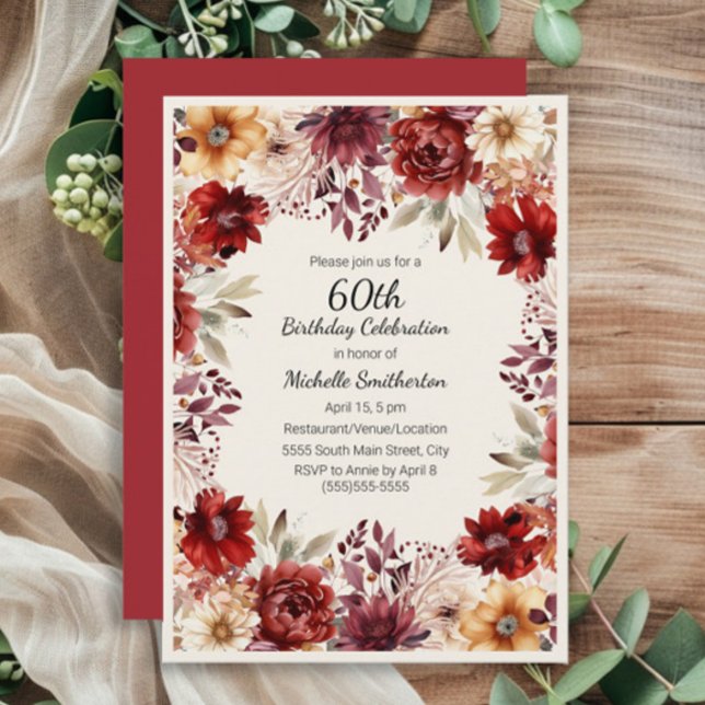 Burgundy Cream Watercolor Floral 60th Birthday Invitation (Burgundy, rust, and cream-colored watercolor floral 60th birthday party invitation for women.)